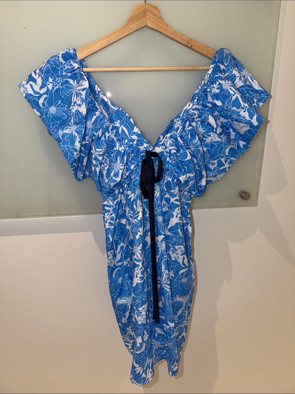Blue Floral Off-Shoulder Dress with Tie